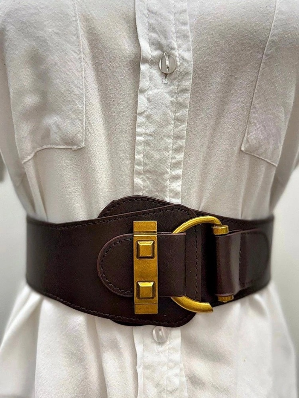 Brown Wide Elastic Waist Belt Gold Buckle Stretch Cinch Belt S M L